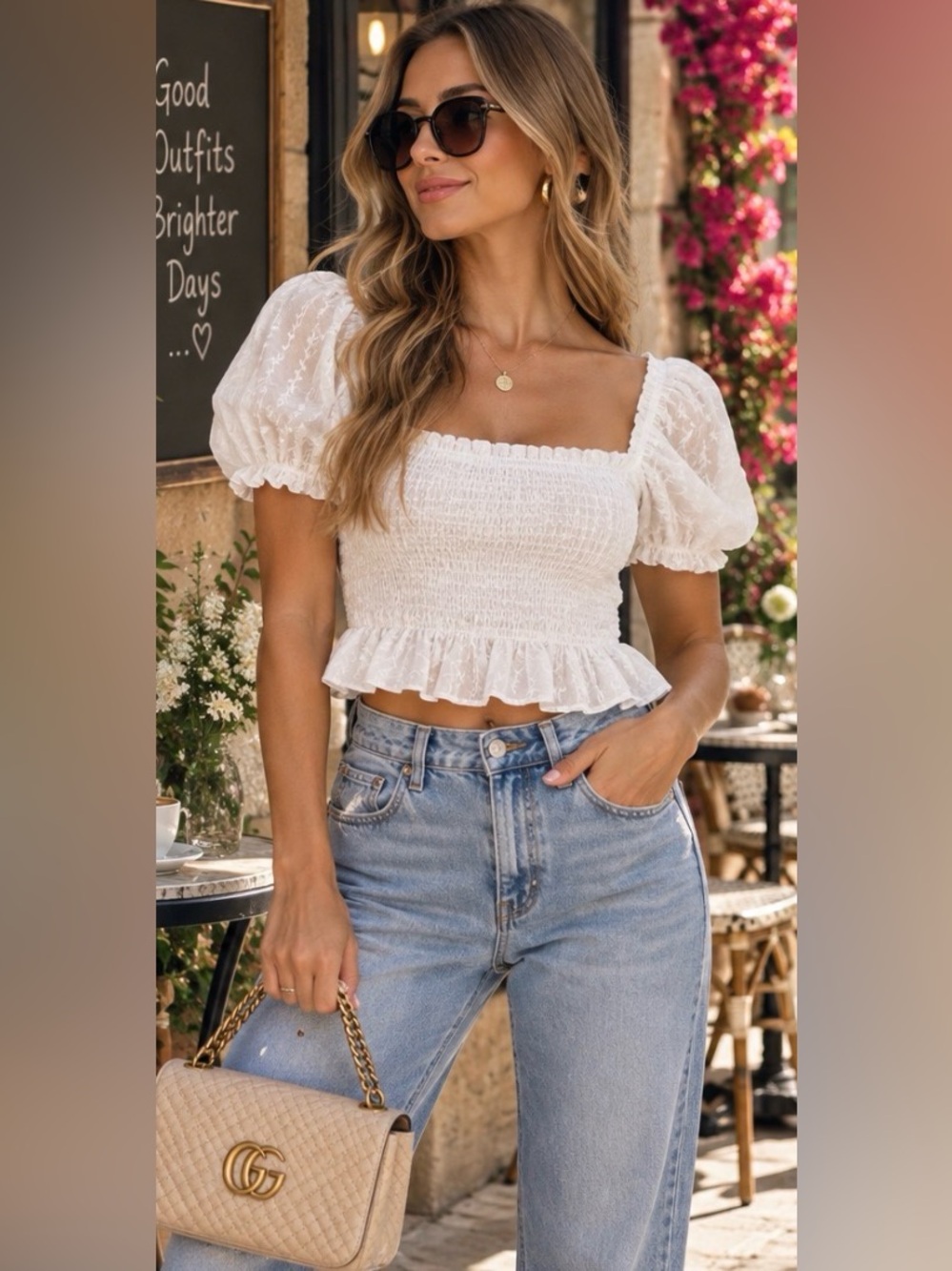 NWT Lost + Wander XS White Smocked Puff Sleeve Peplum Crop Top. Tons of Stretch